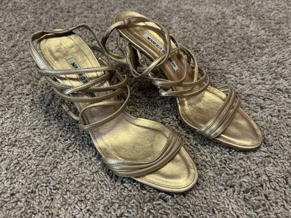Vintage MANOLO BLAHNIK Metallic Champagne Lace-Up Sandal Stiletto Heels 37.5